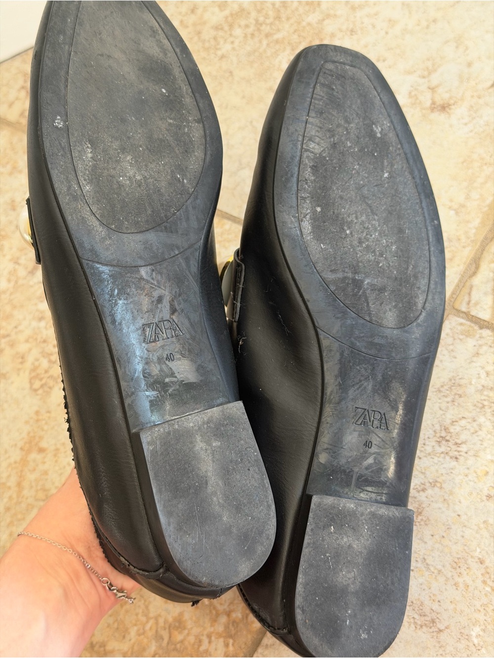 ZARA Black Leather Loafers with Pearl Accent - Picture 3 of 4